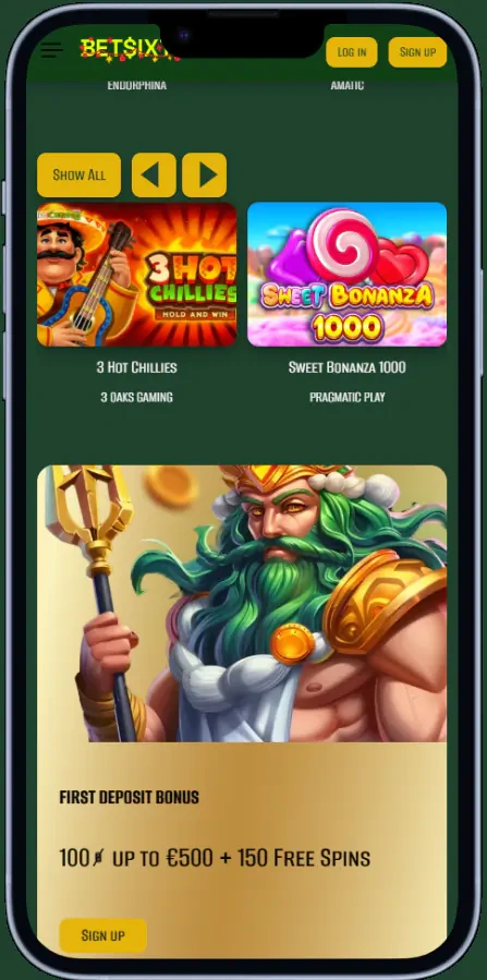 De Betsixty casino app op een smartphone met het spelaanbod