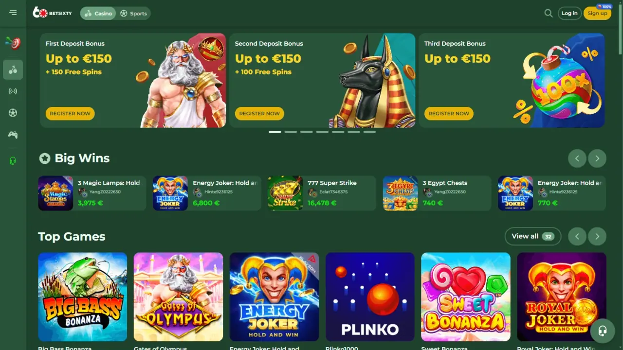 Overzicht van de Betsixty casino lobby met spelcategorieën