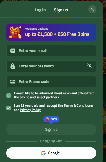 Formulier voor het invoeren van een promocode in het Betsixty casino
